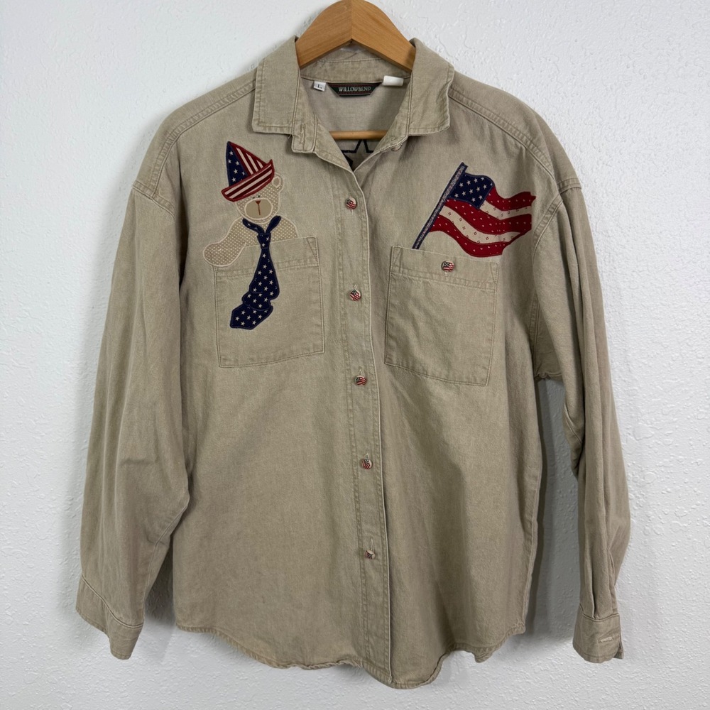 90s Willowbend Womens Large Button Up Shirt Tan Patriotic Bear Flag Stars USA